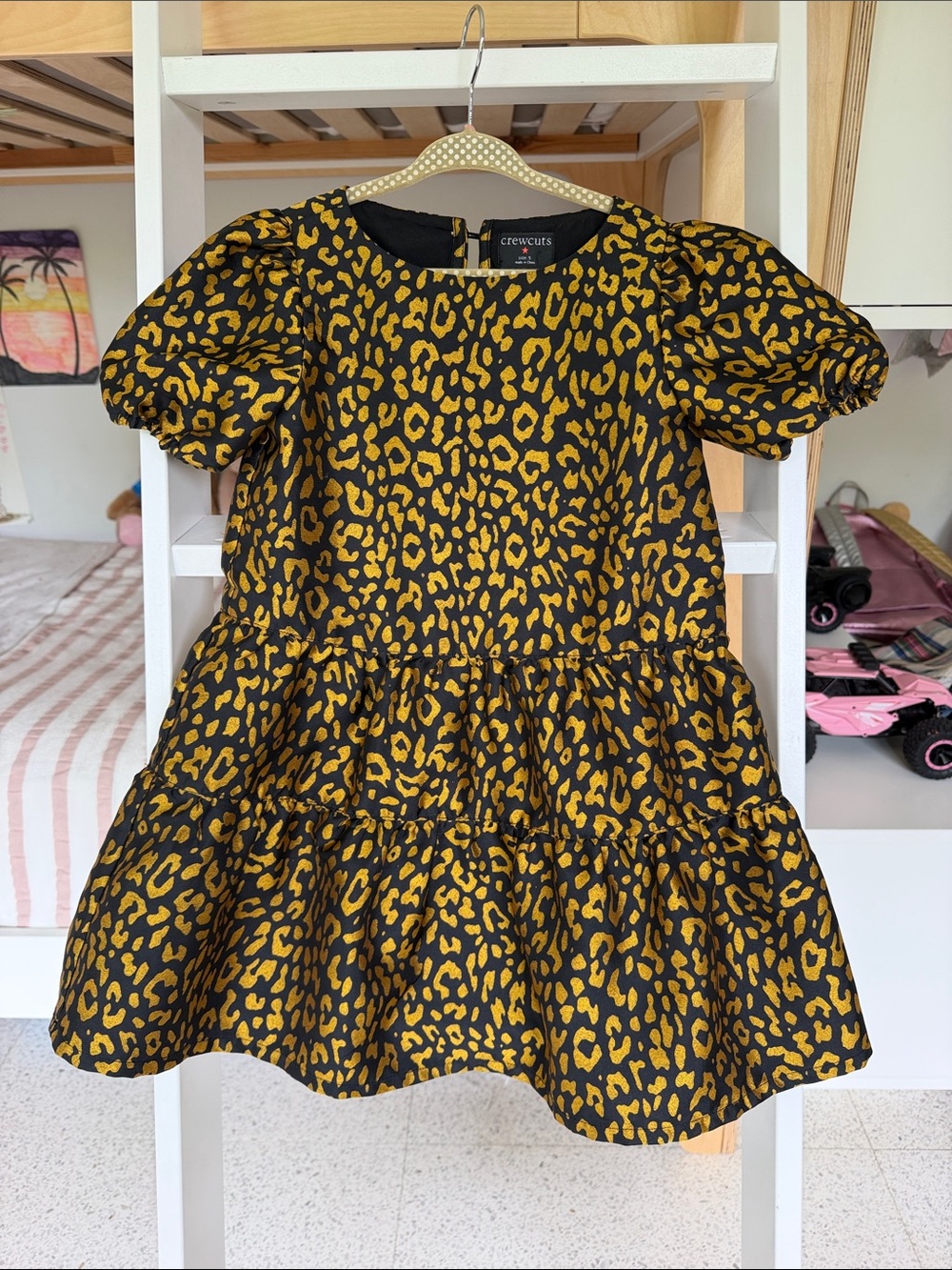 Crewcuts Black and Yellow Leopard Tiered Puff-Sleeve Dress